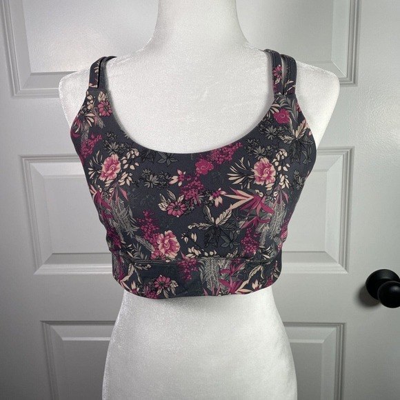 Freely Sports Bra Grey Pink Floral Strappy Racerback Crisscross Size L Large - Picture 1 of 7
